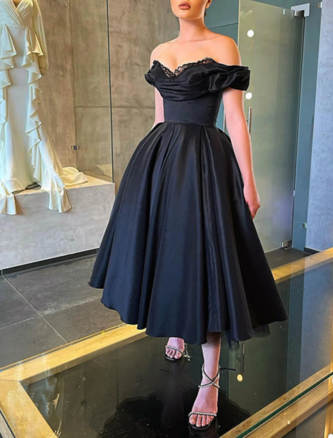 Black A-Line Off-Shoulder Satin Short Sleeve Mini Prom Dress - Chloe Dress