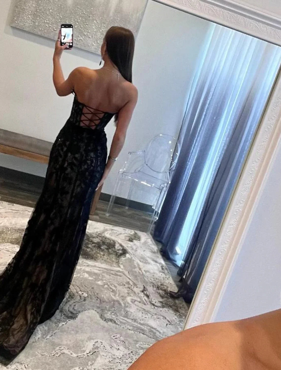 Black A-Line Sweetheart Lace Sleeveless Open Back High Slit Evening Gown - Chloe Dress