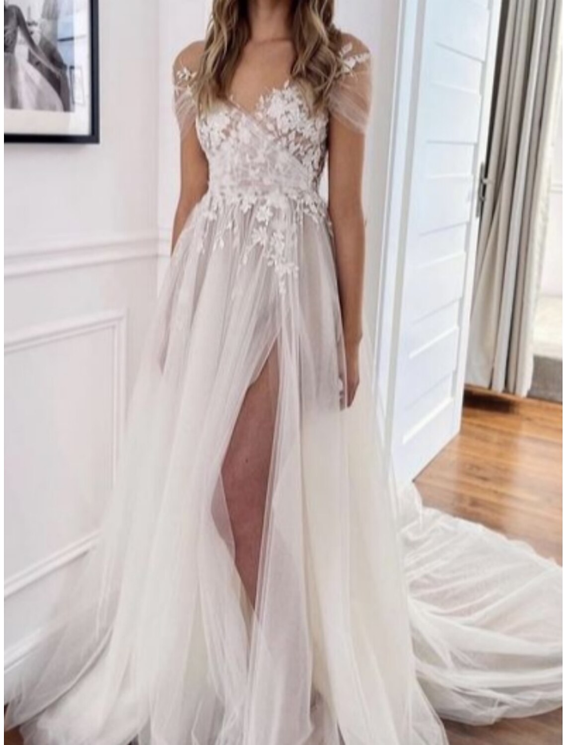 A-Line V-Neck Lace Short Sleeve Pleated Mini Wedding Gown - Chloe Dress
