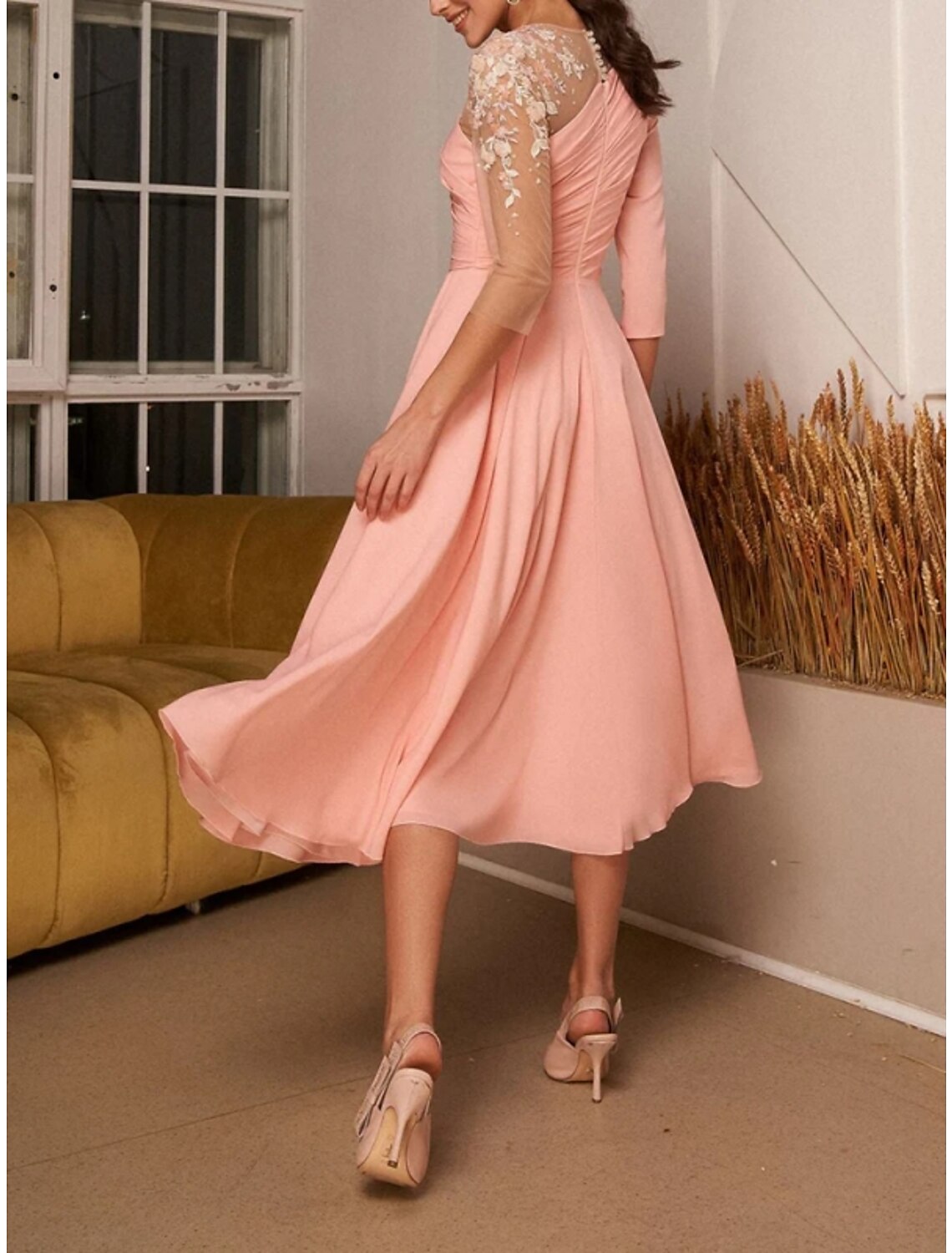A-Line Illusion Chiffon Three-Quarter Sleeve High Slit Tea-Length Evening Gown - Chloe Dress