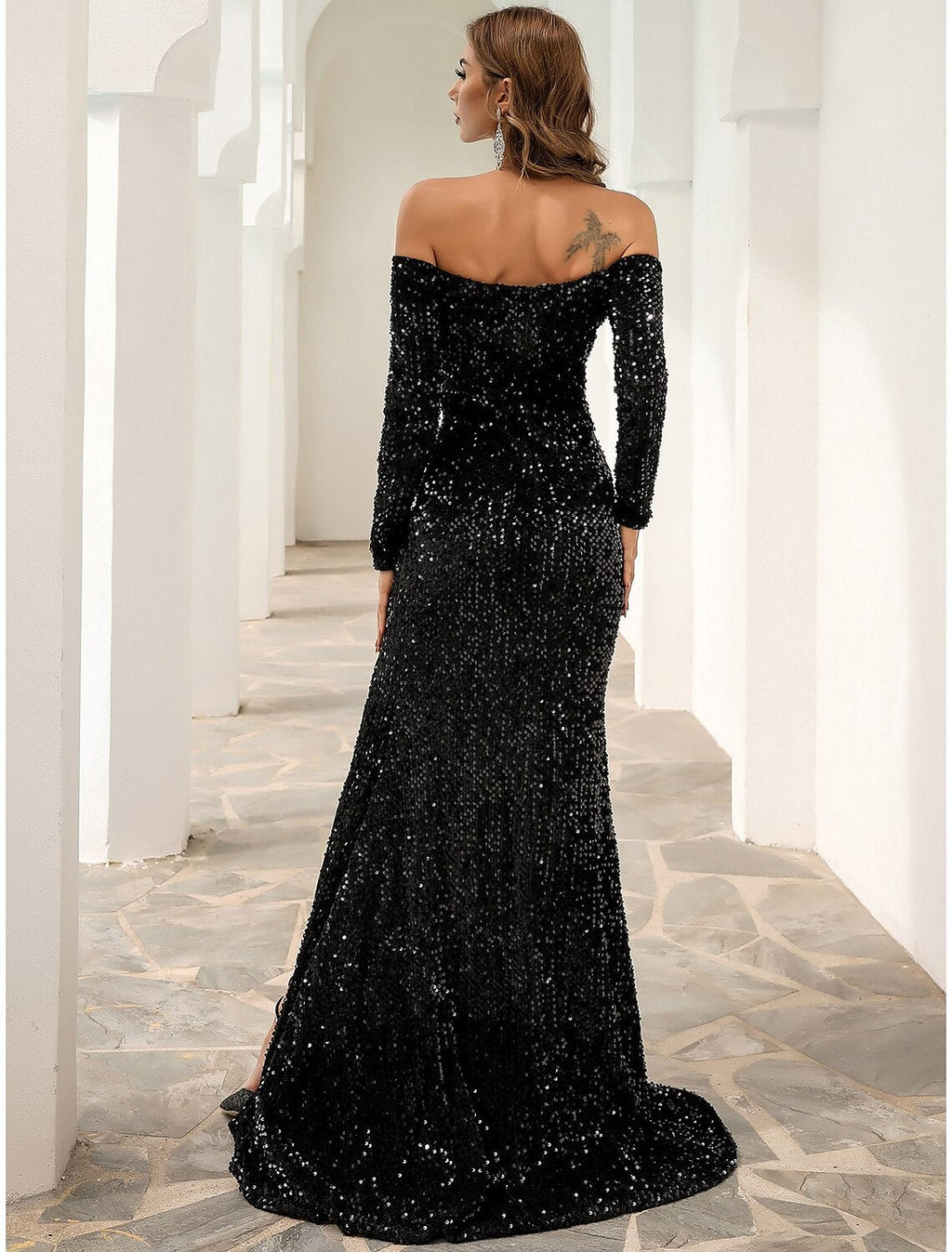 Black A-Line Off-Shoulder Sequin Long Sleeve High Slit Evening Gown - Chloe Dress