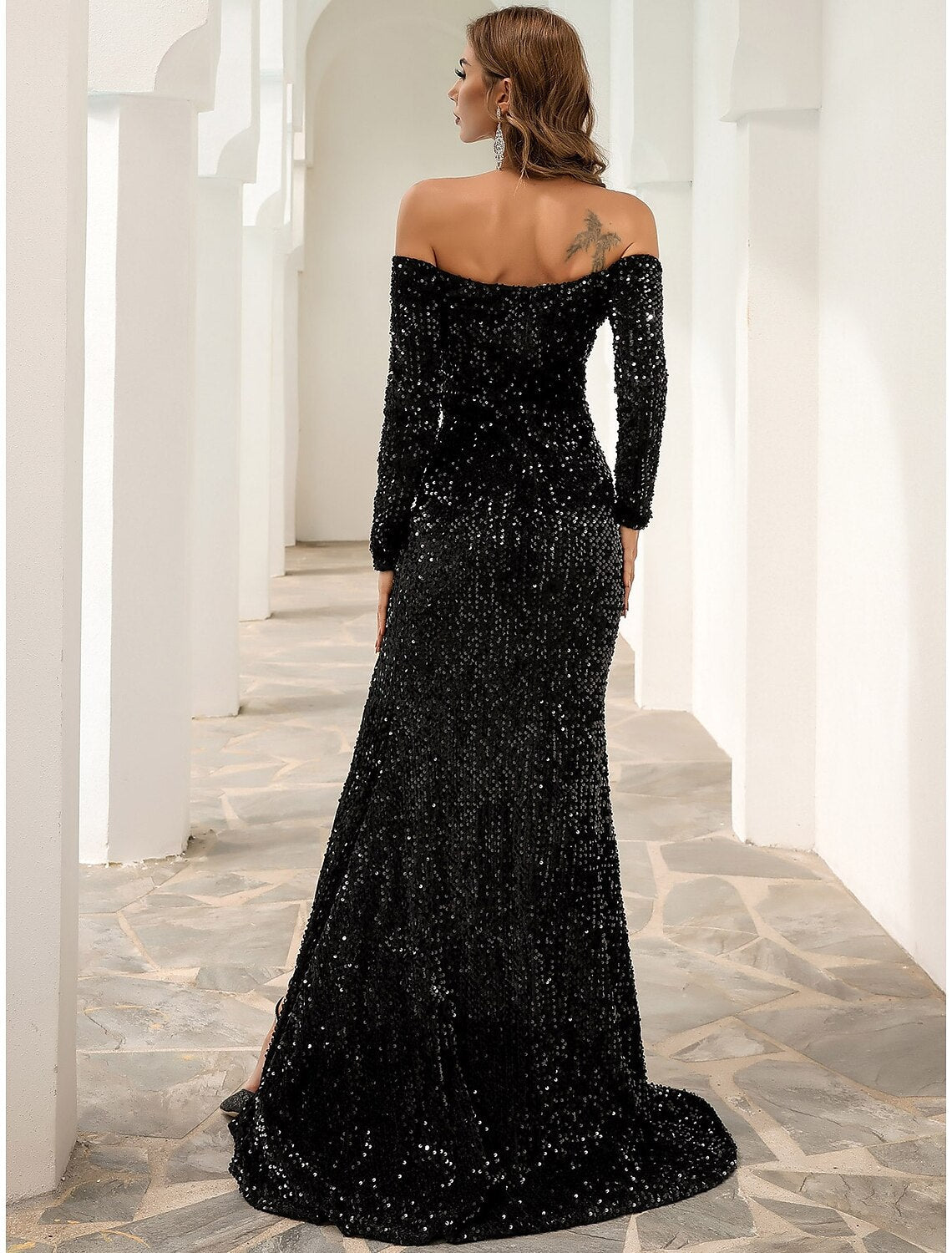 Black A-Line Off-Shoulder Sequin Long Sleeve High Slit Evening Gown - Chloe Dress