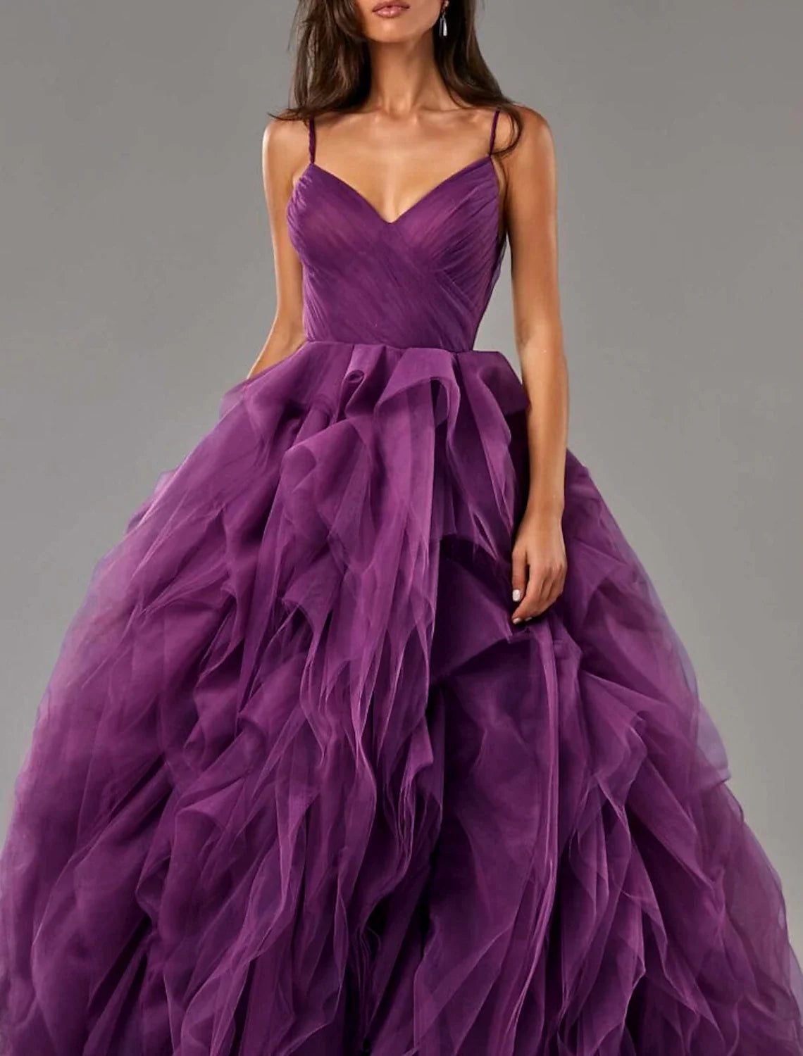 Ball Gown V-Neck Tulle Sleeveless Ruffled Evening Gown - Chloe Dress