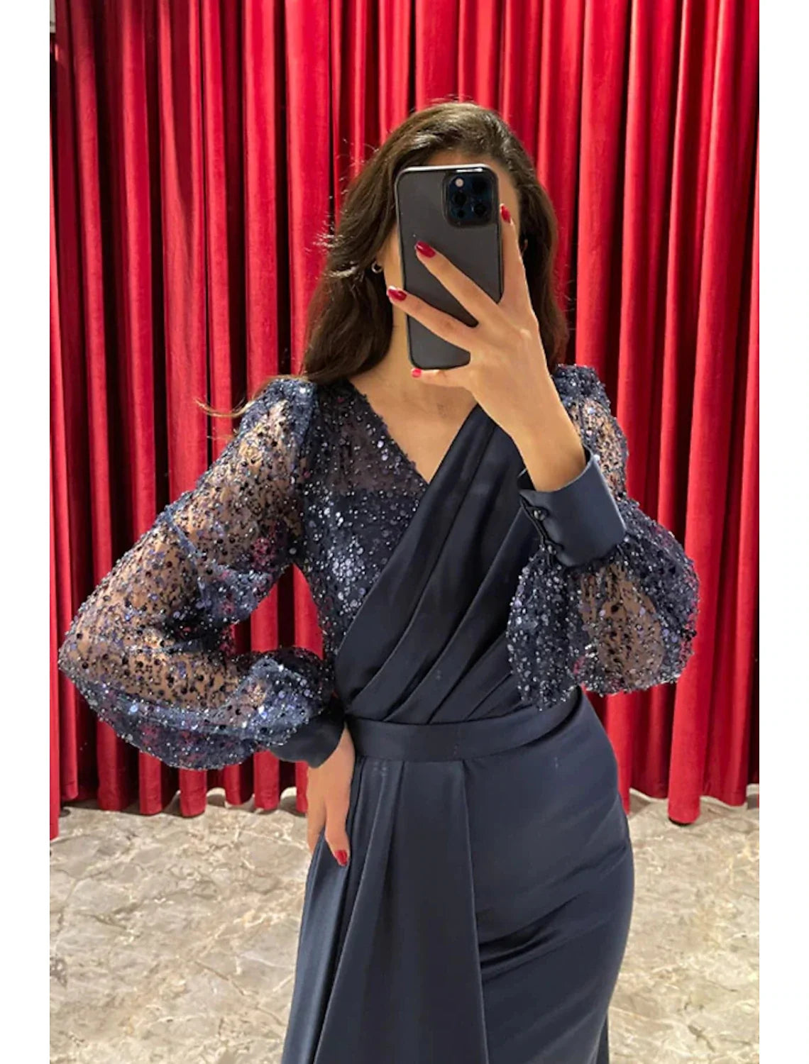A-Line V-Neck Sequin Long Sleeve Pleated Evening Gown - Chloe Dress