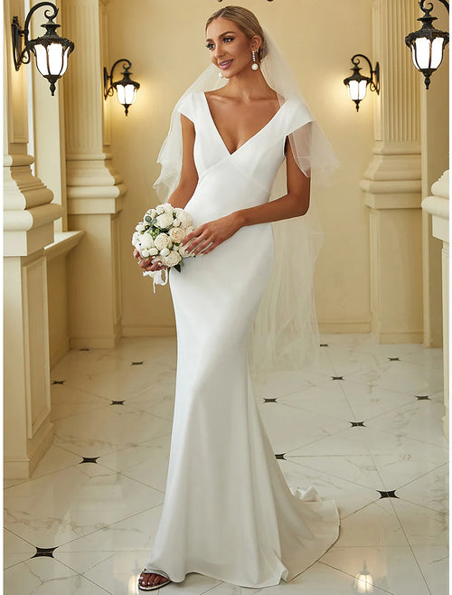 Mermaid V-Neck Cap Sleeve Train Wedding Gown - Chloe Dress