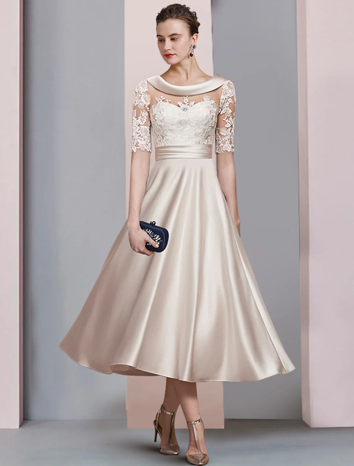 A-Line Satin Applique Tea-Length Wedding Dress - Chloe Dress