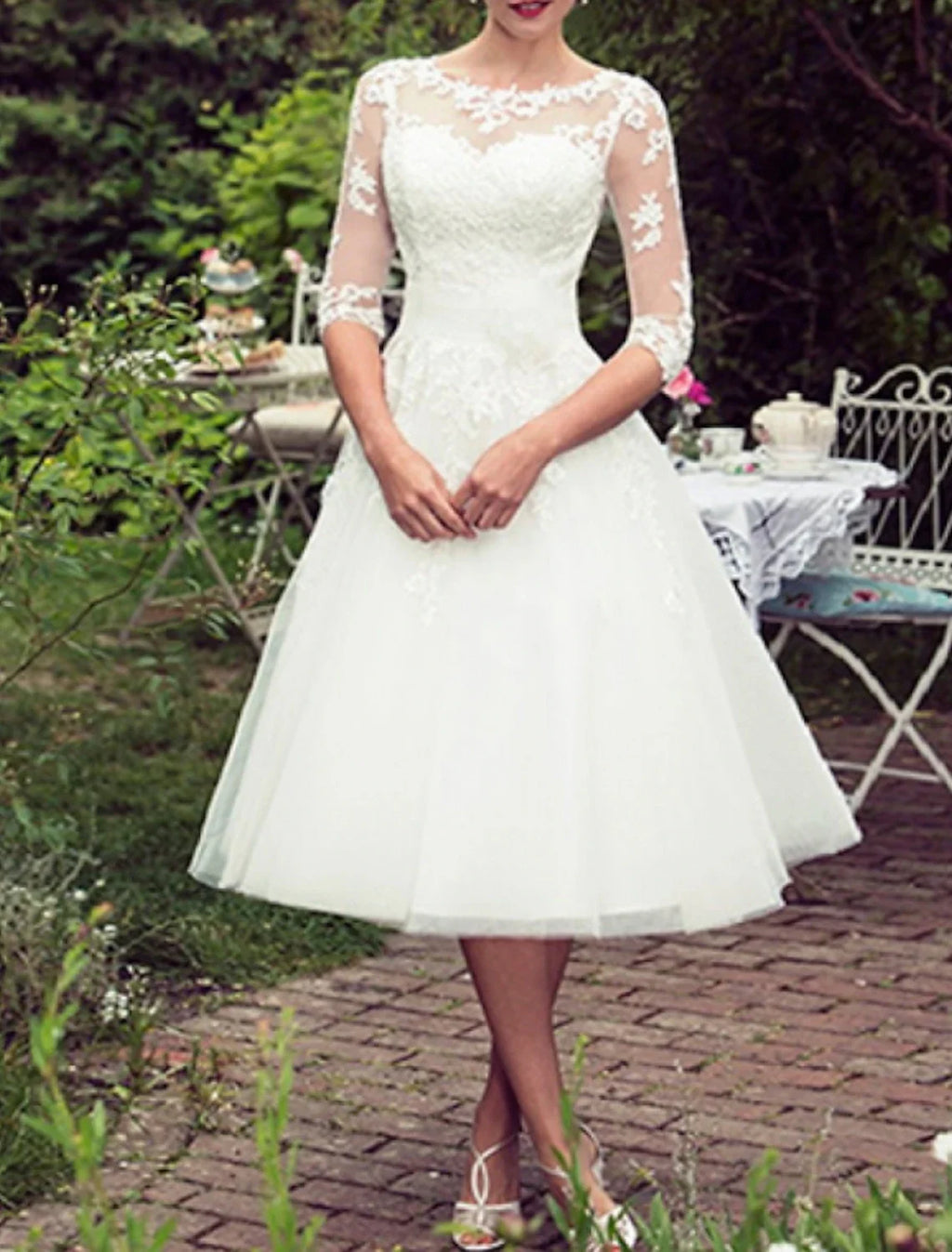 White A-Line Illusion Lace Applique Tea-Length Wedding Gown - Chloe Dress