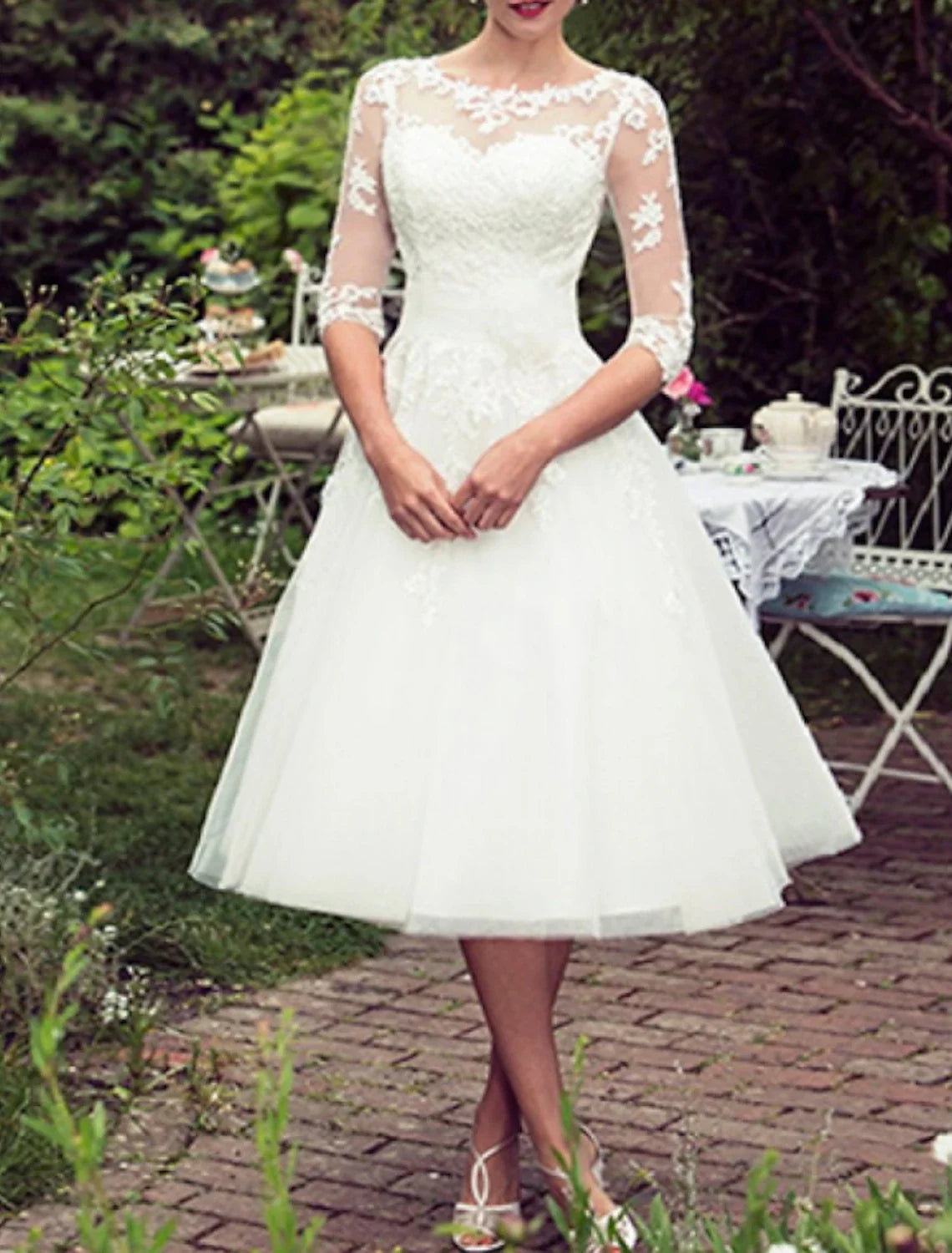 White A-Line Illusion Lace Applique Tea-Length Wedding Gown - Chloe Dress