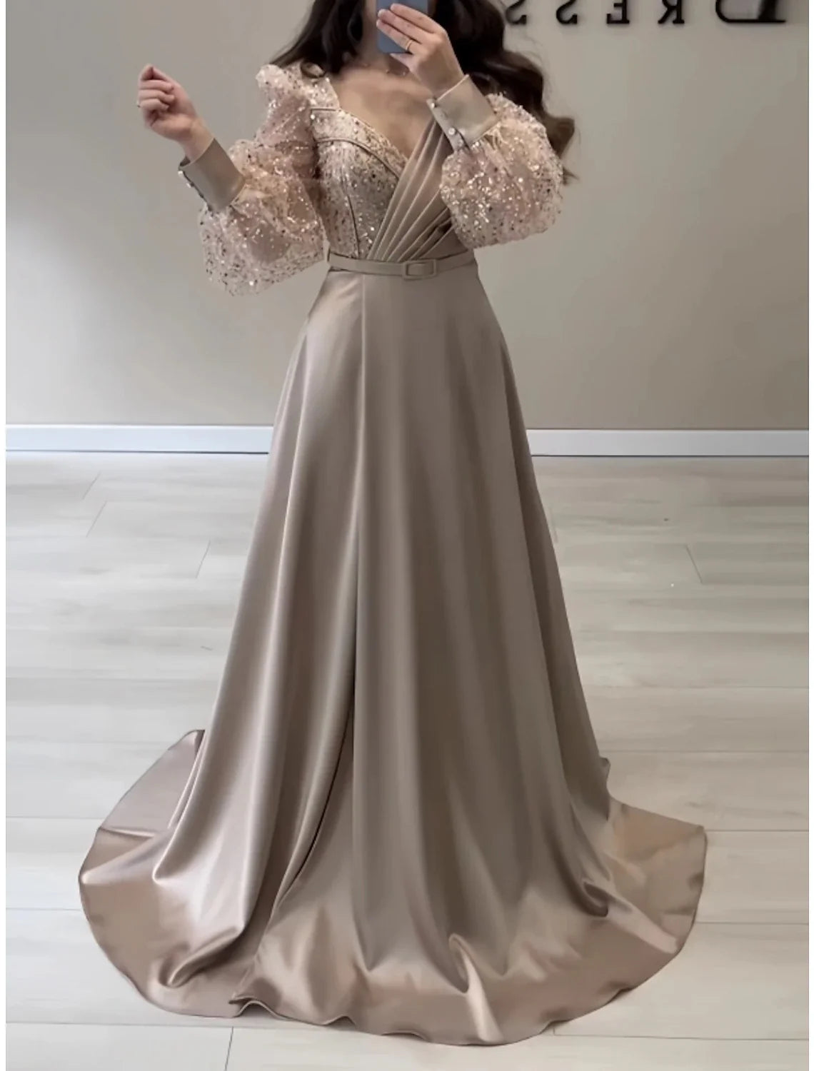 Black A-Line V-Neck Satin Long Sleeve Pleated Evening Gown - Chloe Dress