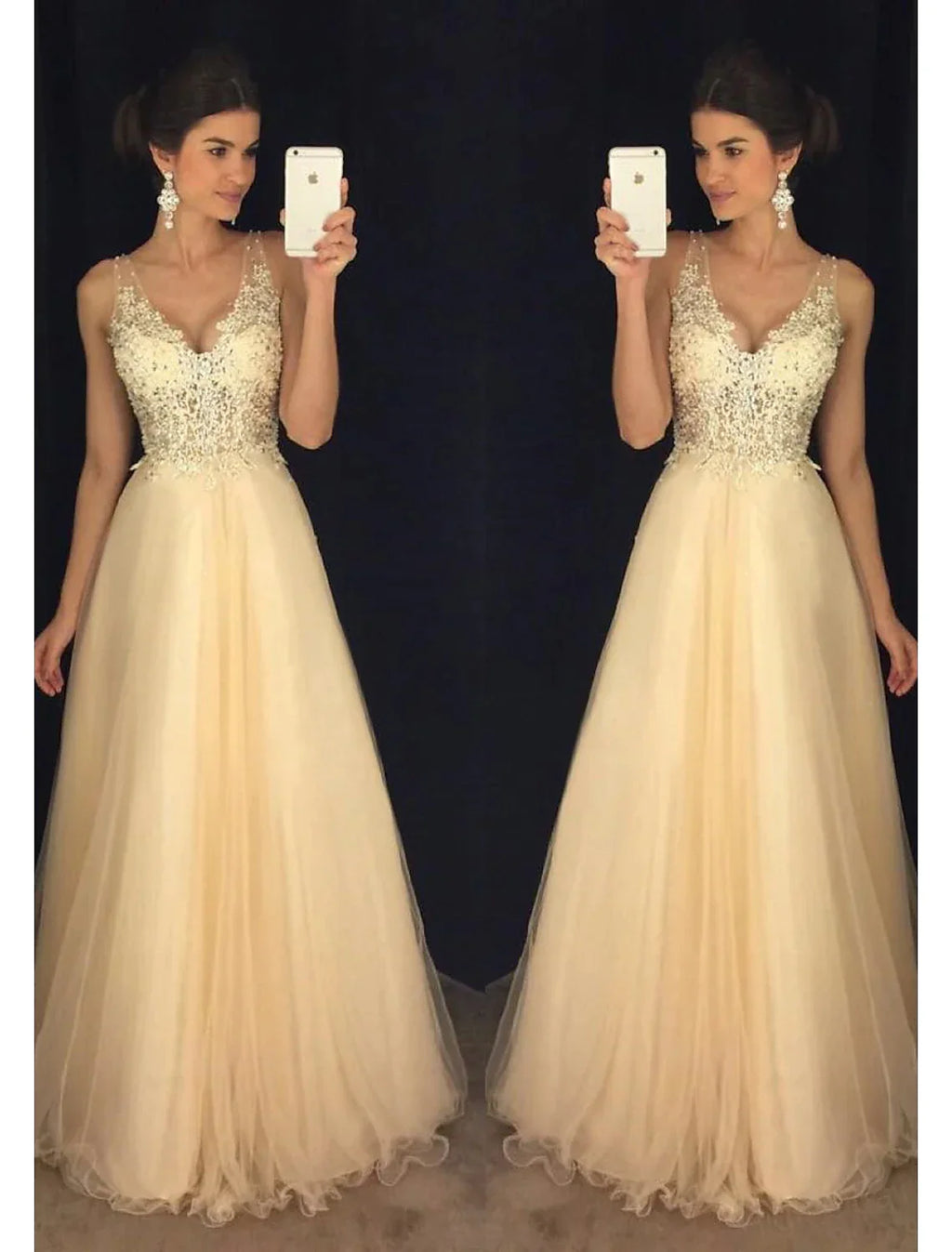 A-Line V-Neck Tulle Sleeveless Applique Floor-Length Prom Dress - Chloe Dress