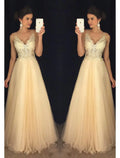 A-Line V-Neck Tulle Sleeveless Applique Floor-Length Prom Dress - Chloe Dress