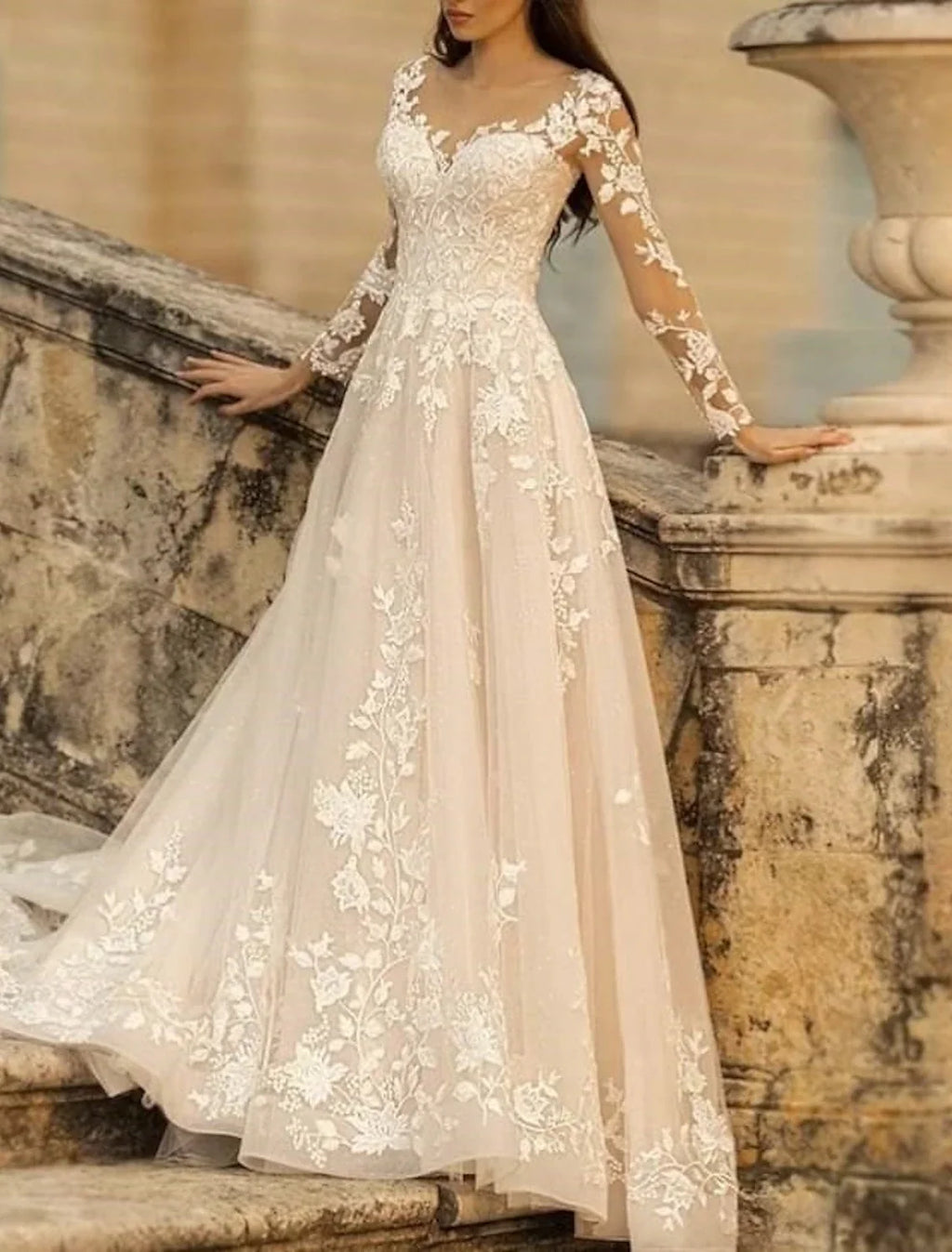 A-Line V-Neck Lace Long Sleeve Train Wedding Gown - Chloe Dress