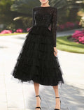 Black A-Line Tulle Long Sleeve Tiered Tea-Length Wedding Dress - Chloe Dress