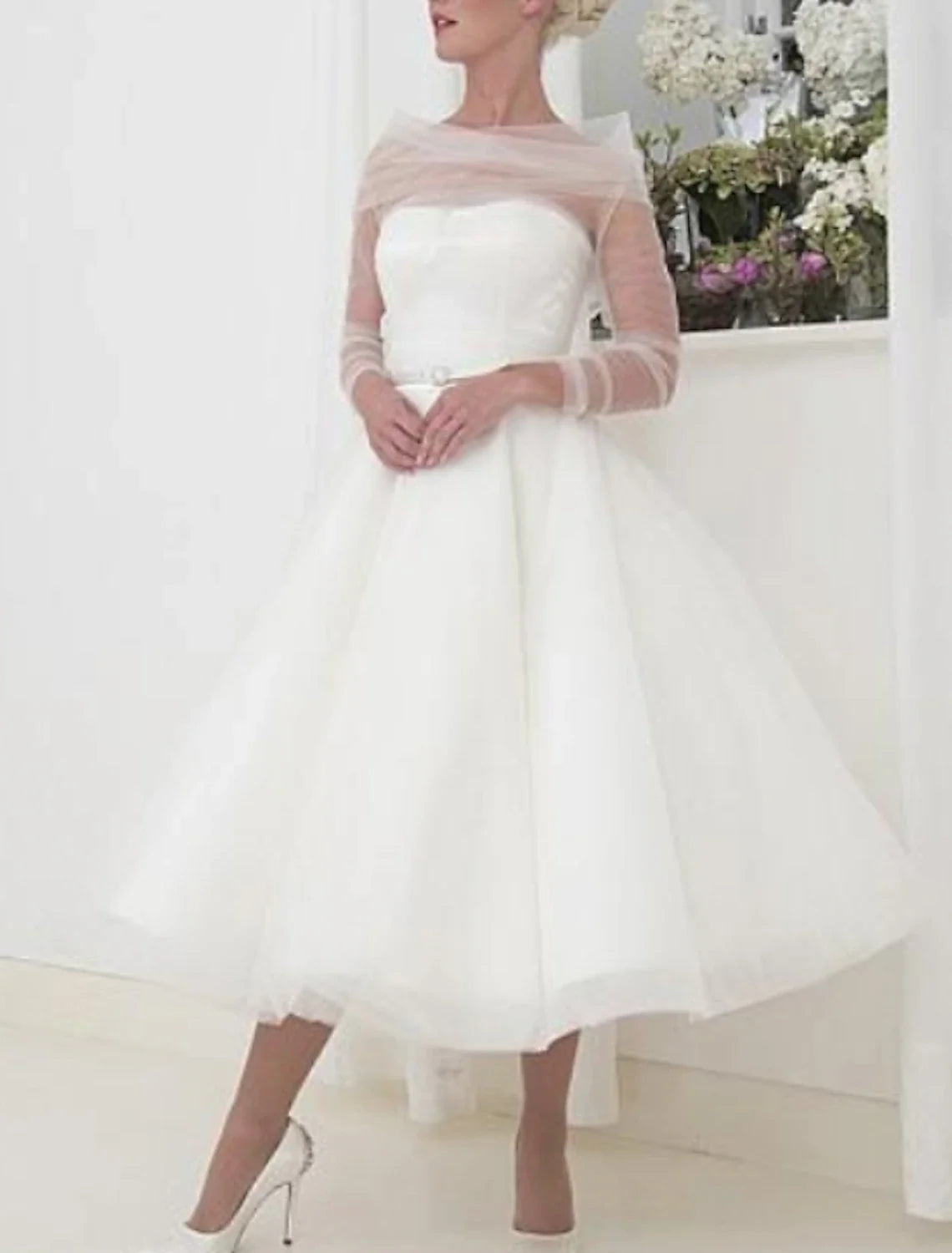 A-Line V-Neck Chiffon Three-Quarter Sleeve Open Back Knee-Length Wedding Gown - Chloe Dress