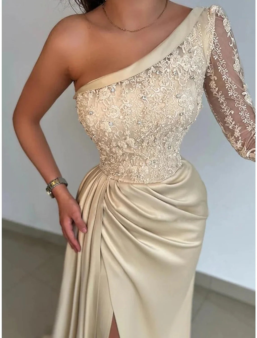 Black Mermaid One-Shoulder Satin Long Sleeve Train Evening Gown - Chloe Dress