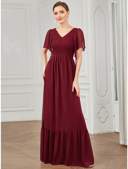 A-Line V-Neck Chiffon Short Sleeve Pleated Floor-Length Prom Dress - Chloe Dress