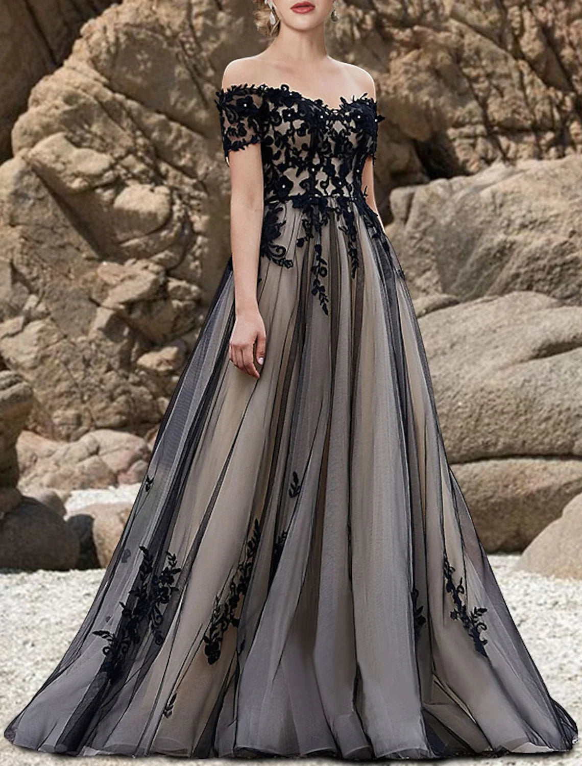 A-Line Off-Shoulder Lace Short Sleeve Train Mini Wedding Gown - Chloe Dress