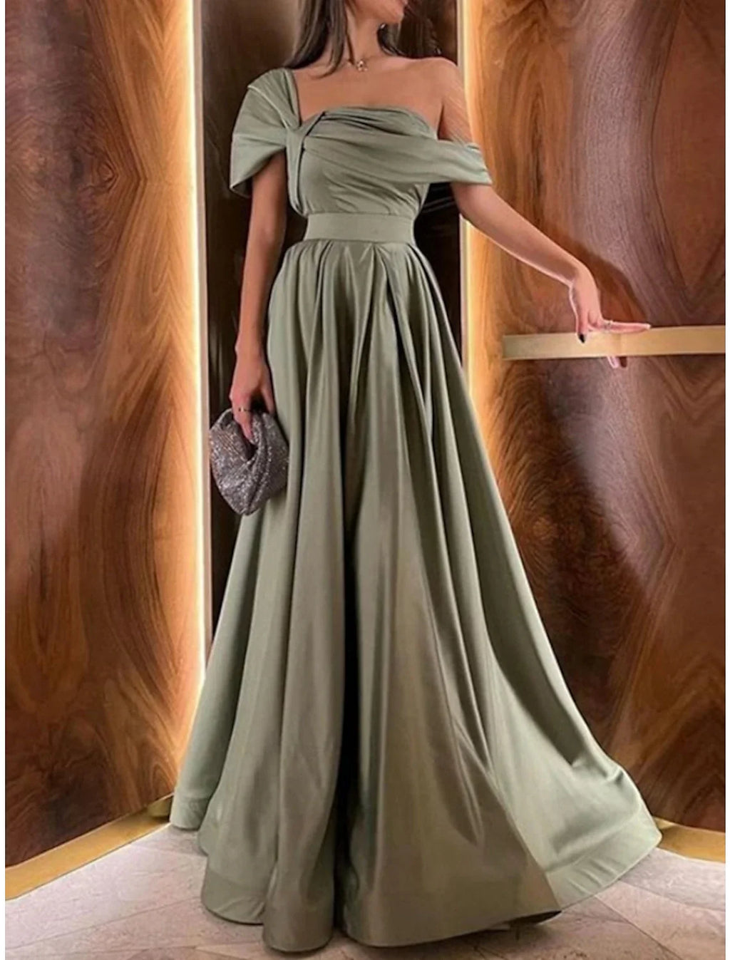 Green A-Line Off-Shoulder Satin Short Sleeve Pleated Floor-Length Evening Gown - Chloe Dress