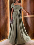 Green A-Line Off-Shoulder Satin Short Sleeve Pleated Floor-Length Evening Gown - Chloe Dress