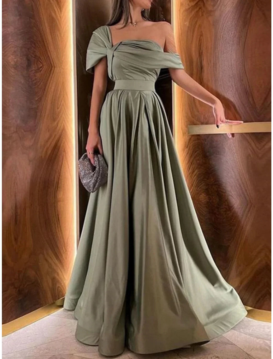 Green A-Line Off-Shoulder Satin Short Sleeve Pleated Floor-Length Evening Gown - Chloe Dress