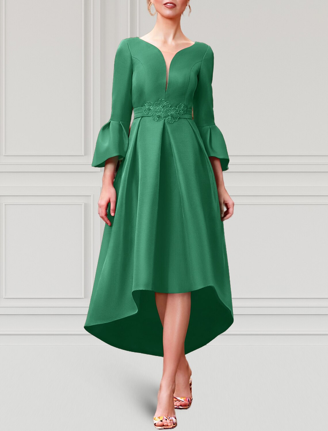 A-Line V-Neck Satin Three-Quarter Sleeve Pleated Wedding Dress - Chloe Dress