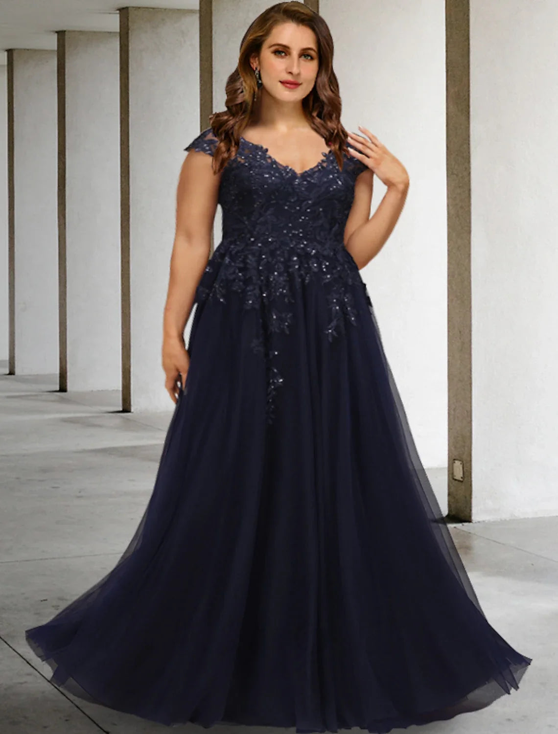 A-Line V-Neck Tulle Short Sleeve Applique Floor-Length Formal Dress - Chloe Dress