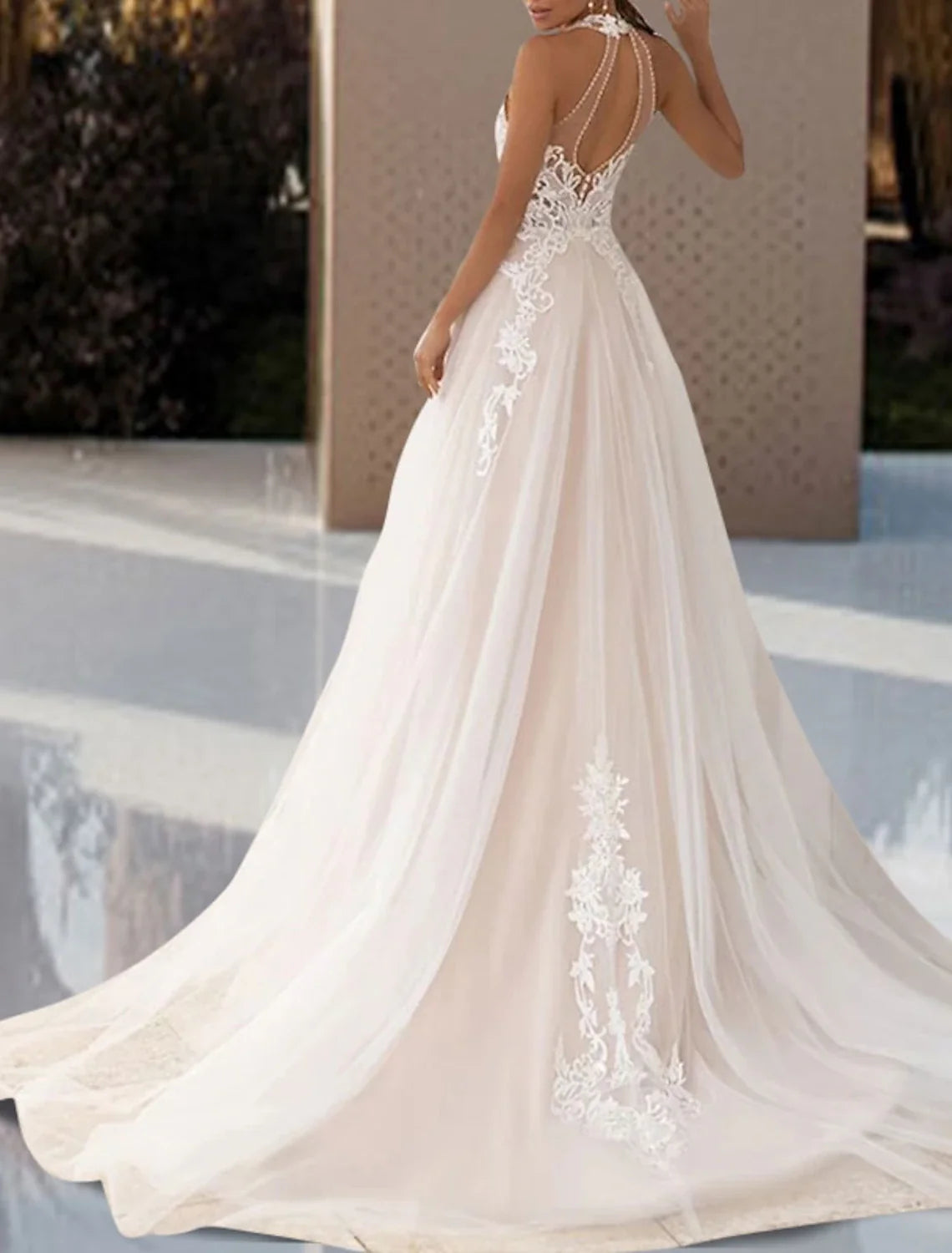 A-Line Halter Lace Sleeveless Open Back Pleated Wedding Gown - Chloe Dress