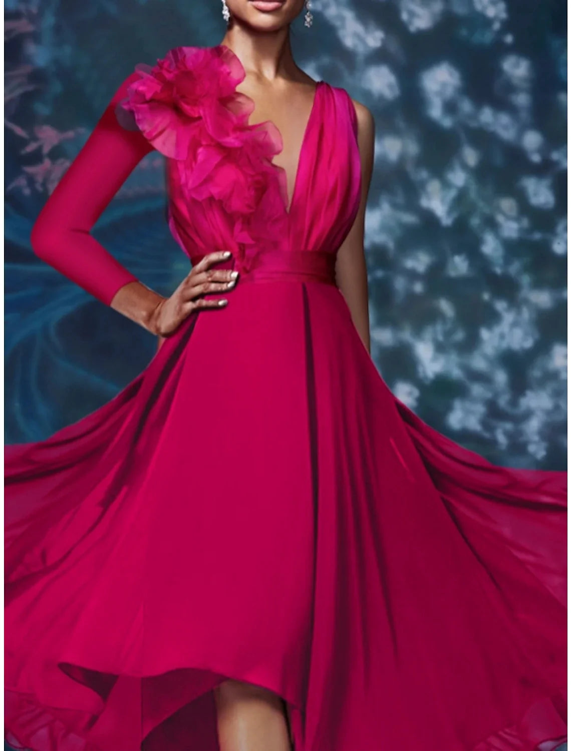 Sheath V-Neck Chiffon Long Sleeve Pleated Wedding Dress - Chloe Dress