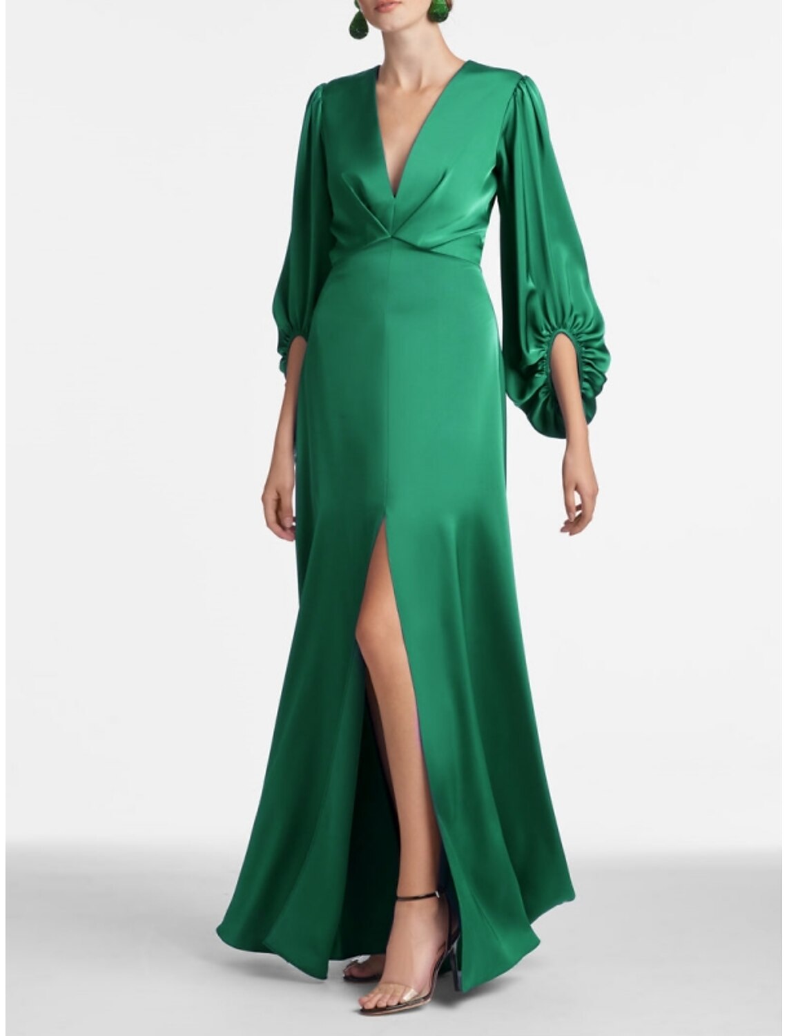 Black A-Line V-Neck Satin Long Sleeve High Slit Floor-Length Evening Gown - Chloe Dress