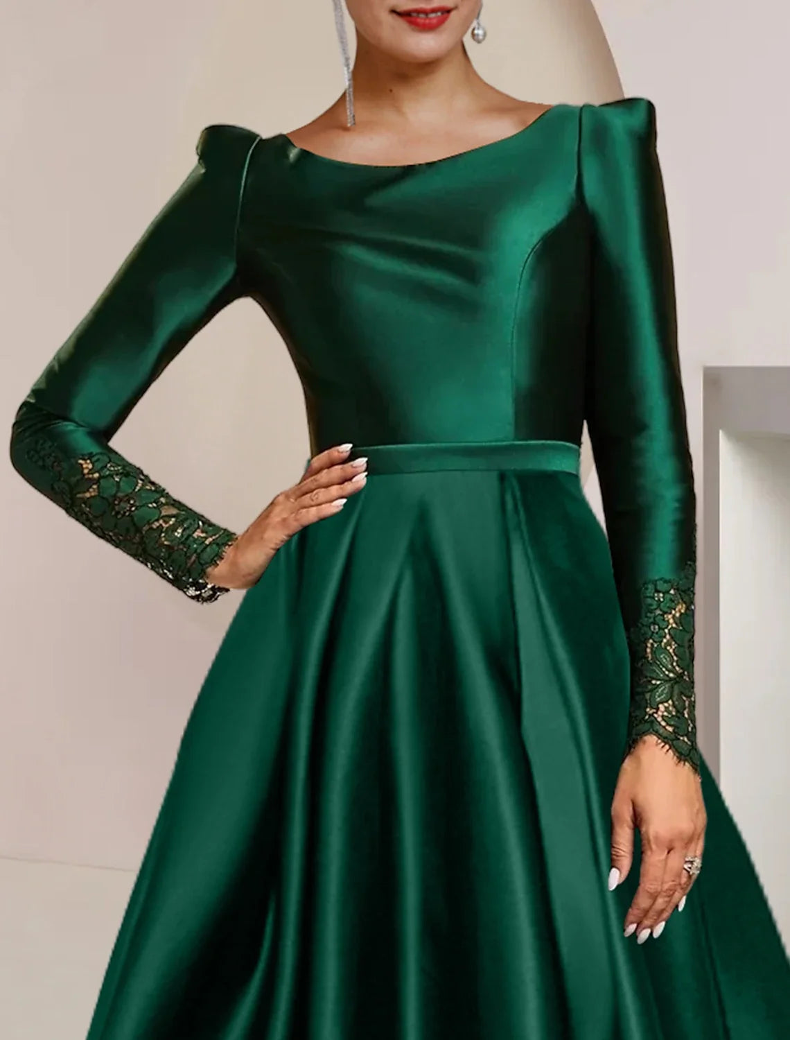 A-Line High Neck Satin Long Sleeve Pleated Tea-Length Wedding Dress - Chloe Dress