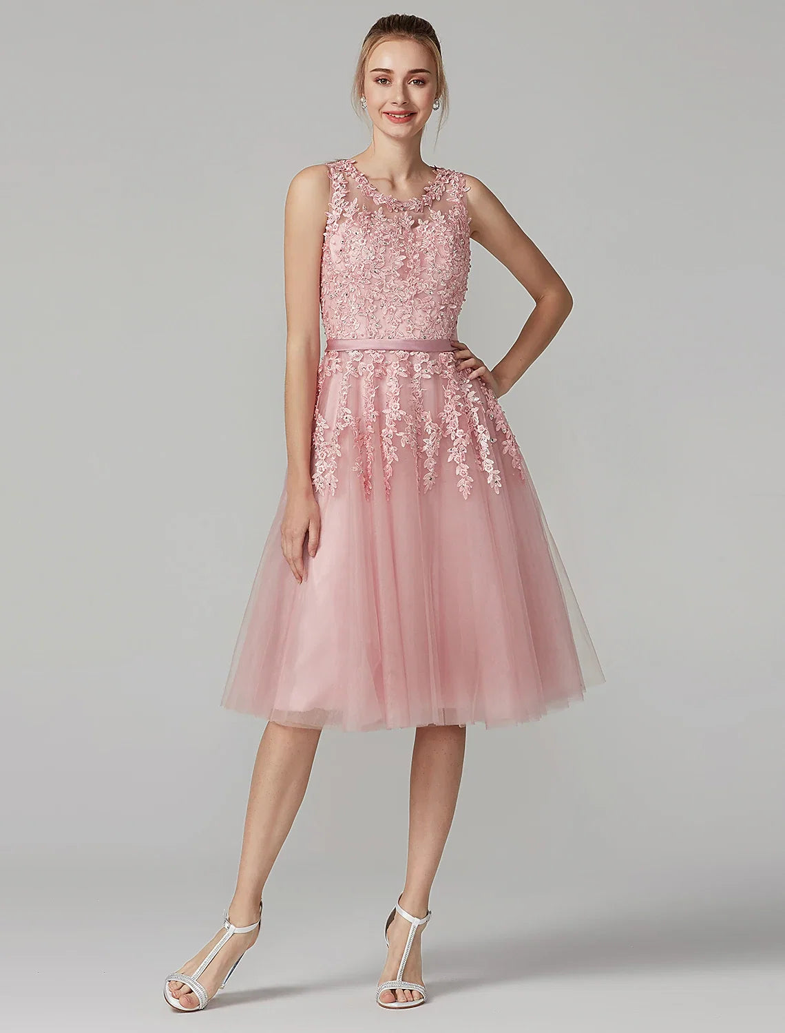 A-Line Illusion Tulle Sleeveless Applique Knee-Length Prom Dress - Chloe Dress