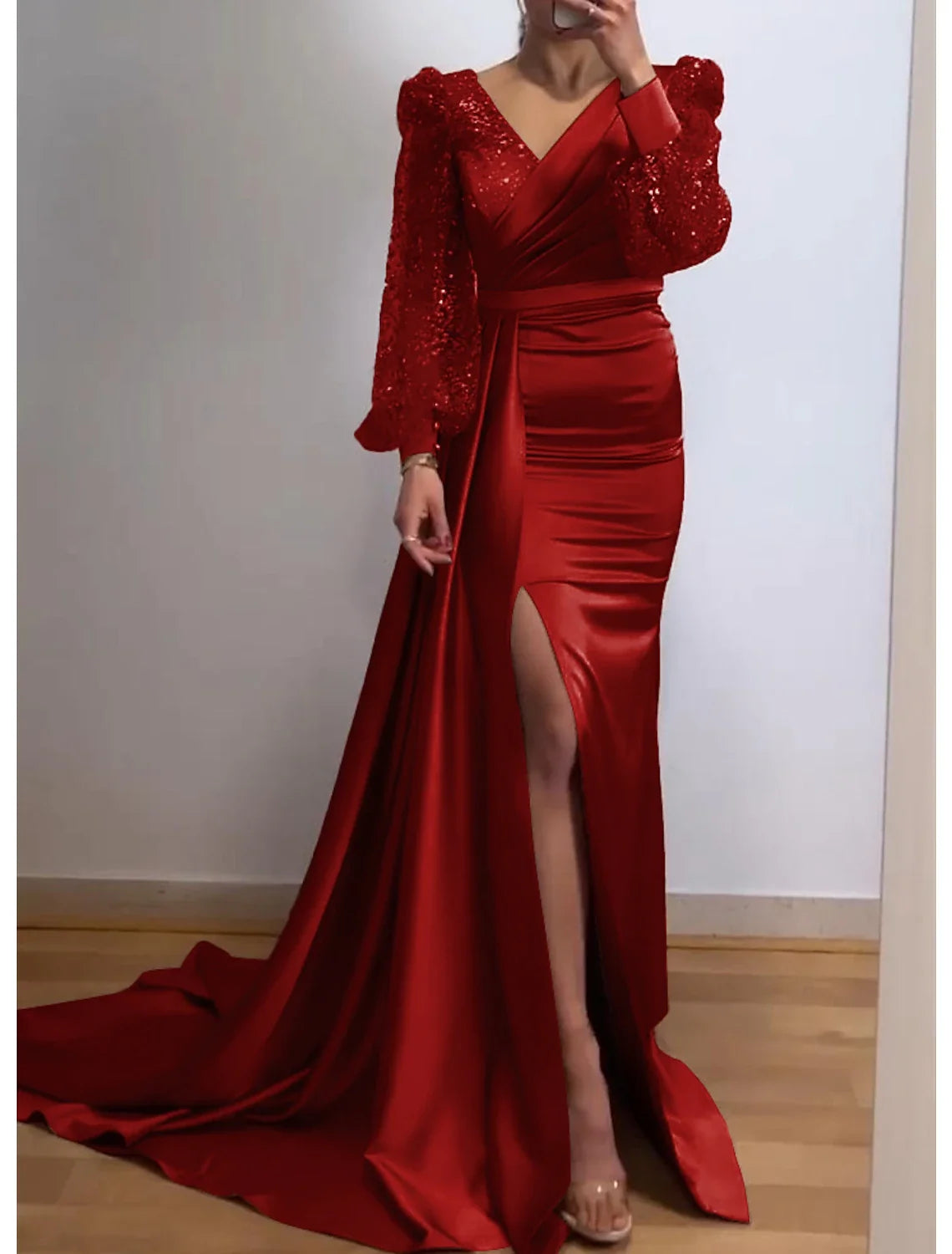 Mermaid V-Neck Sequin Long Sleeve High Slit Evening Gown - Chloe Dress