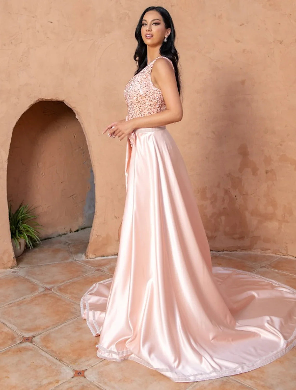 A-Line One-Shoulder Satin Sleeveless High Slit Evening Gown - Chloe Dress
