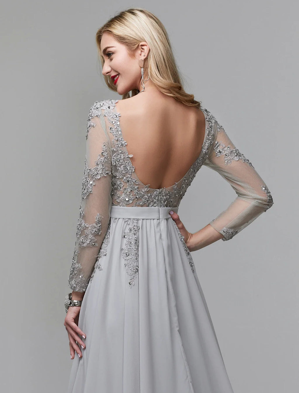 A-Line Illusion Chiffon Long Sleeve Open Back Train Evening Dress - Chloe Dress