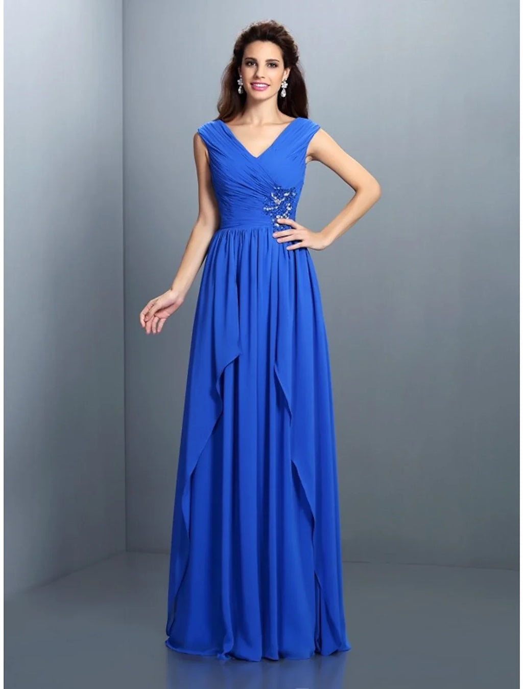 A-Line V-Neck Chiffon Sleeveless Rhinestone Floor-Length Evening Gown - Chloe Dress