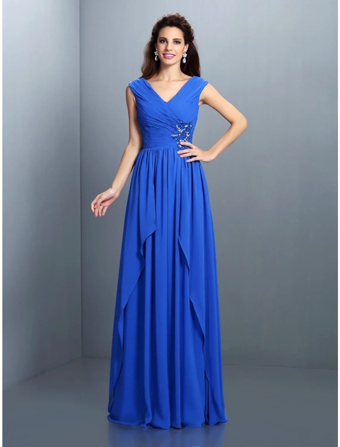 A-Line V-Neck Chiffon Sleeveless Rhinestone Floor-Length Evening Gown - Chloe Dress