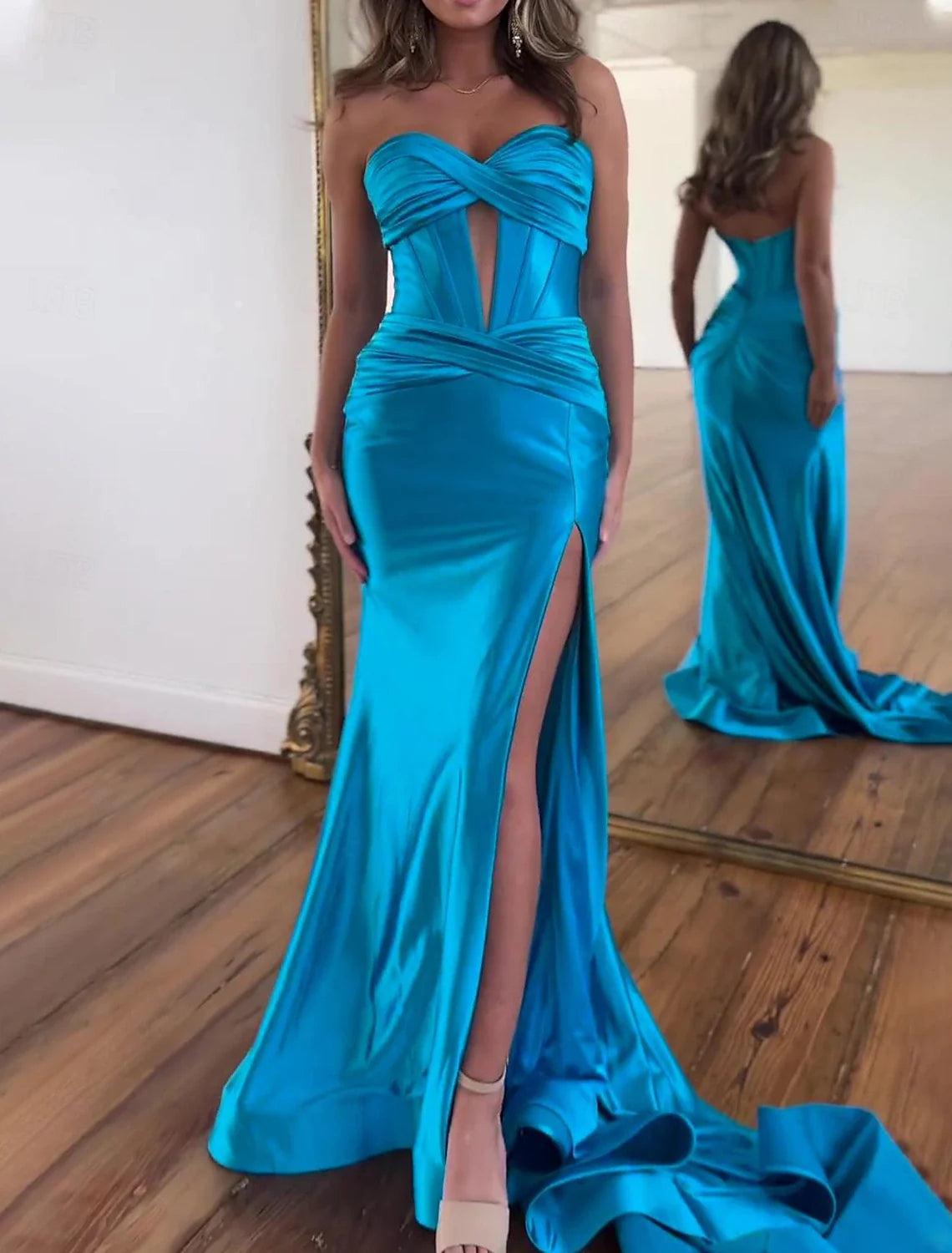 A-Line Strapless Satin Sleeveless High Slit Floor-Length Prom Dress - Chloe Dress