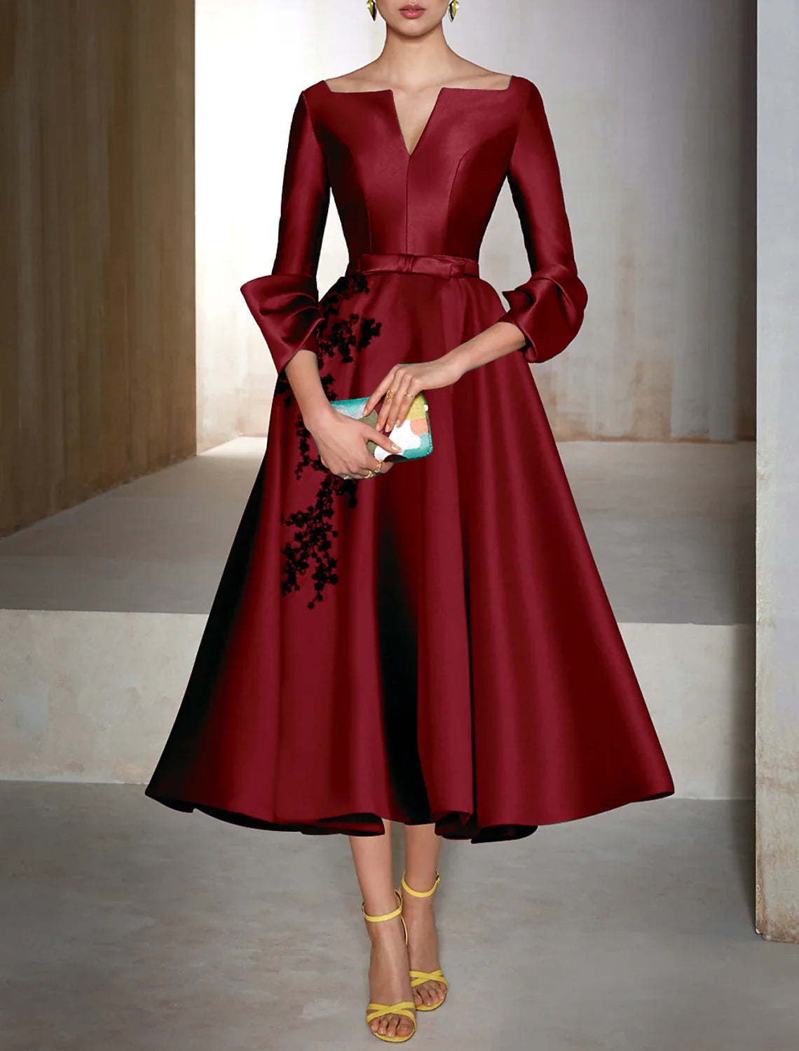 Green A-Line V-Neck Satin Three-Quarter Sleeve Applique Tea-Length Wedding Dress - Chloe Dress