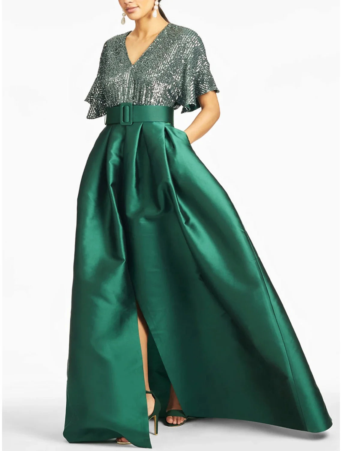 A-Line V-Neck Satin Pleated Ankle-Length Evening Gown - Chloe Dress