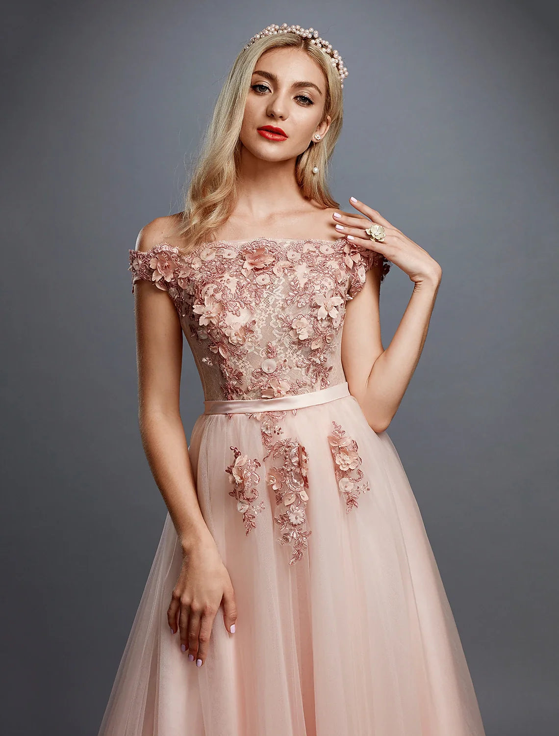 A-Line Off-Shoulder Tulle Sleeveless Train Prom Dress - Chloe Dress