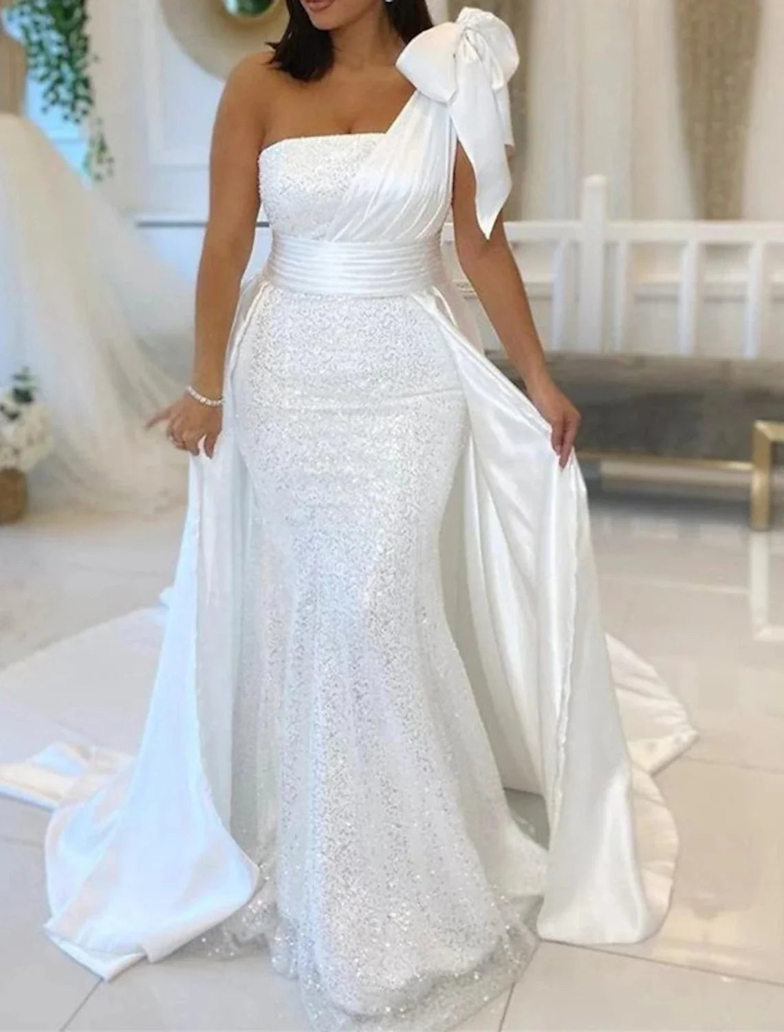 Mermaid One-Shoulder Sequin Sleeveless Train Wedding Gown - Chloe Dress