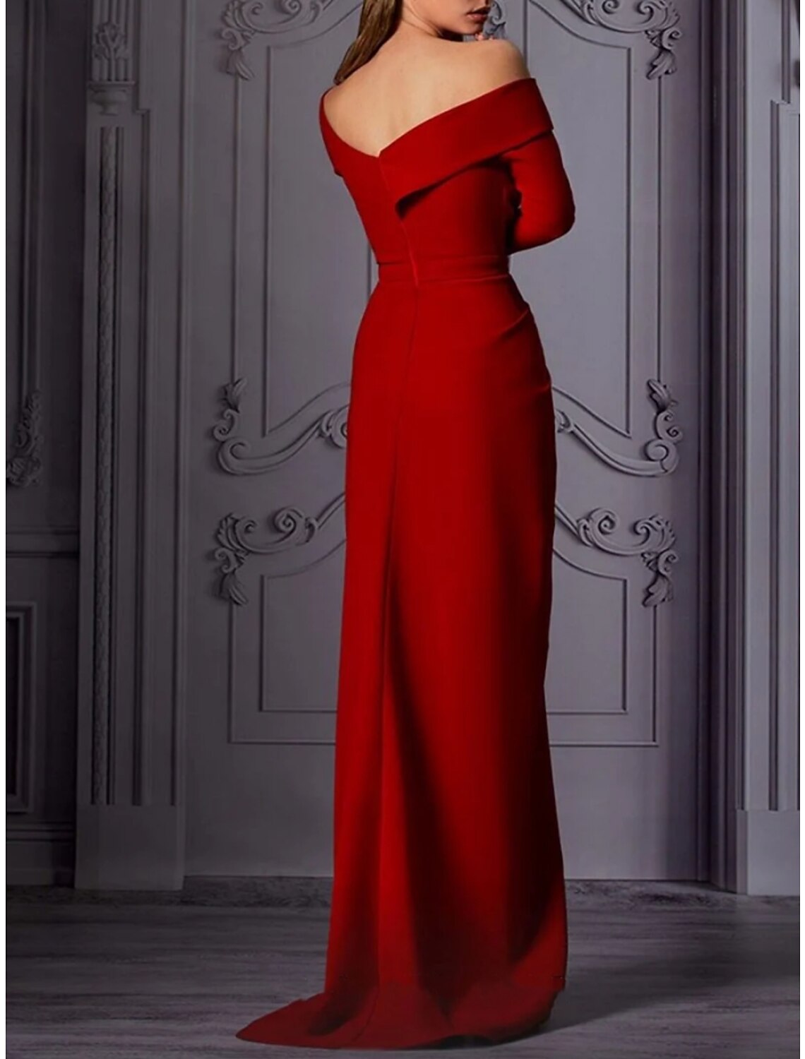 Sheath Off-Shoulder Long Sleeve High Slit Evening Gown - Chloe Dress