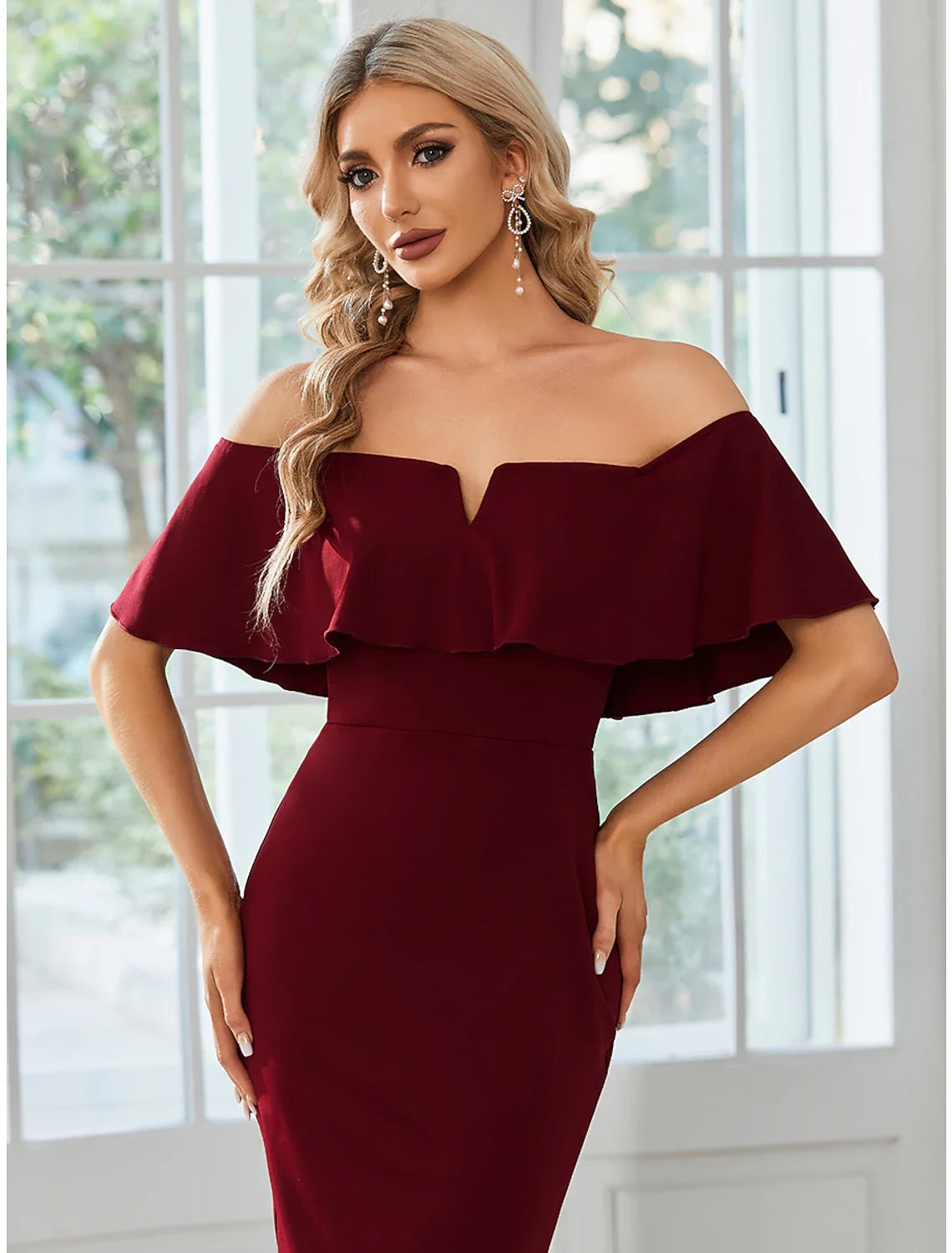 Sheath Off-Shoulder Short Sleeve High Slit Mini Wedding Dress - Chloe Dress