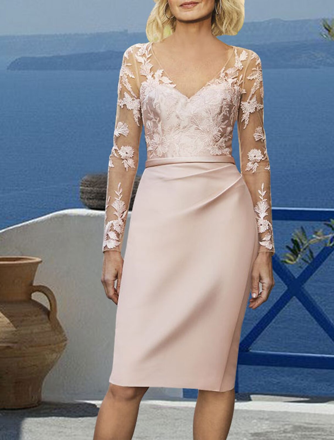 Sheath V-Neck Long Sleeve Applique Knee-Length Prom Dress - Chloe Dress