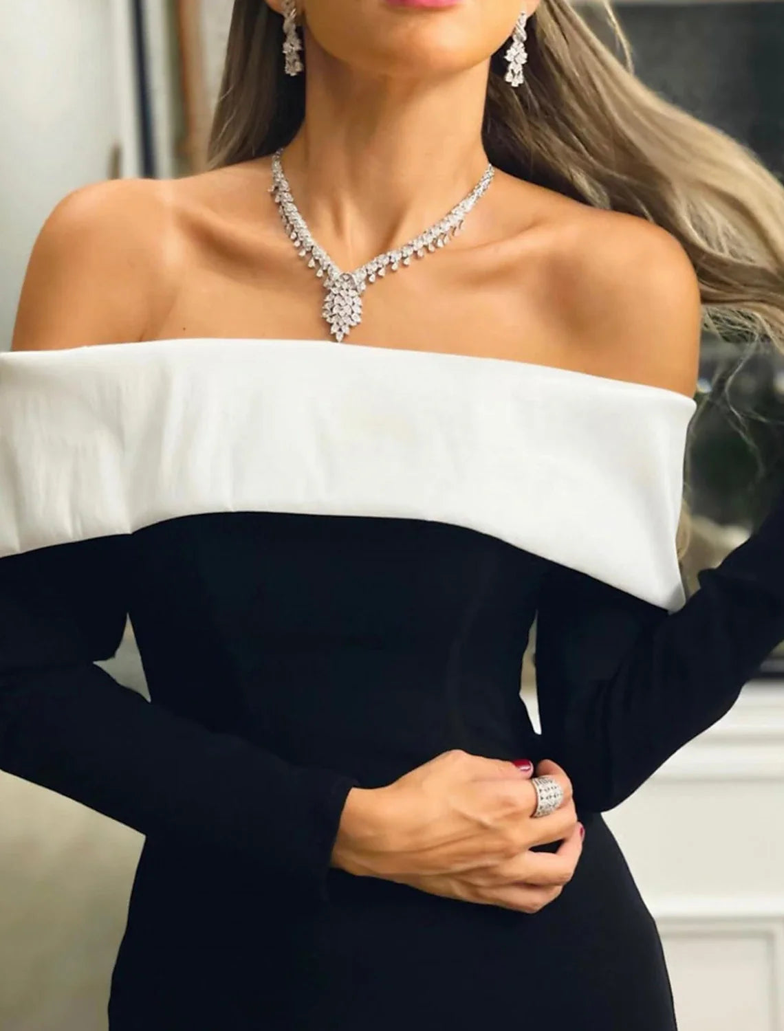 Black Sheath Off-Shoulder Long Sleeve High Slit Floor-Length Evening Gown - Chloe Dress