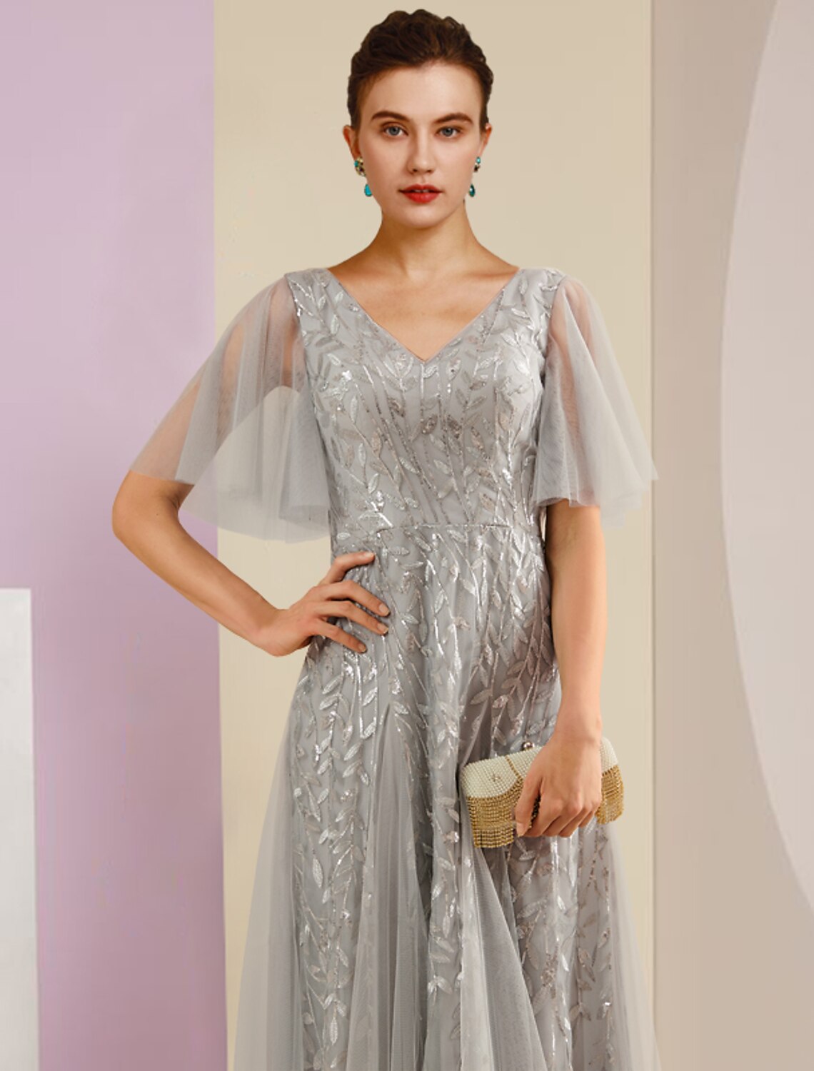 Sheath V-Neck Tulle Short Sleeve Pleated Floor-Length Party Dress - Chloe Dress