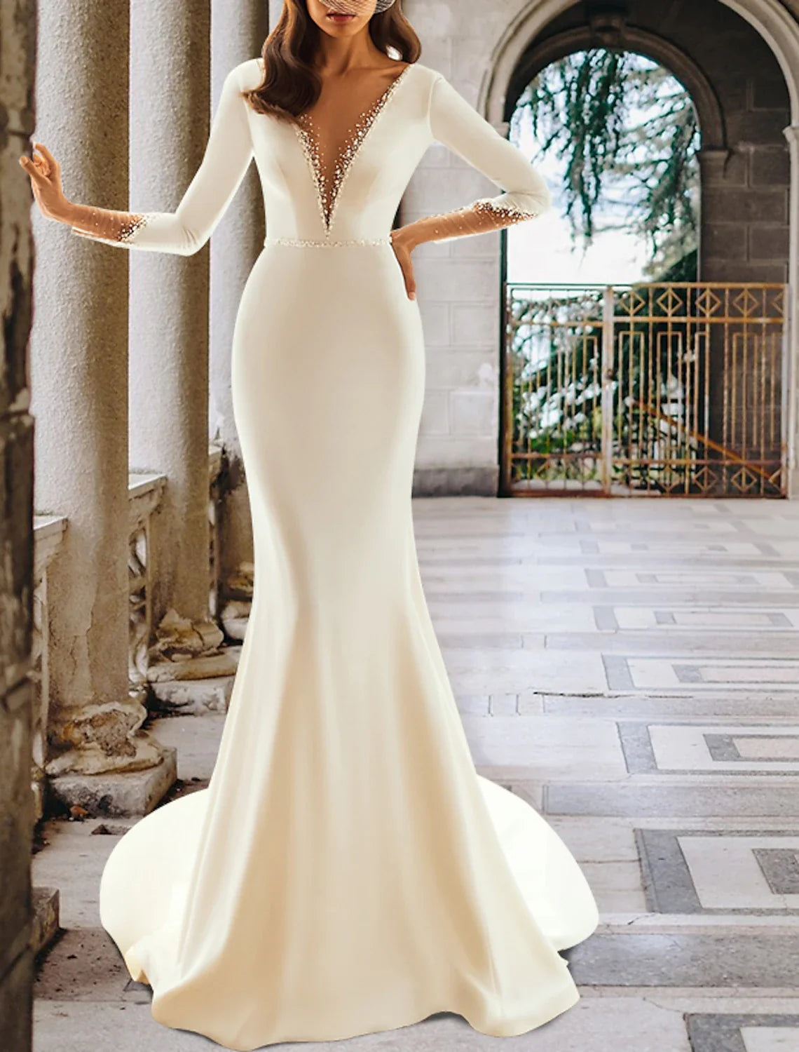 Mermaid V-Neck Satin Long Sleeve Train Wedding Gown - Chloe Dress