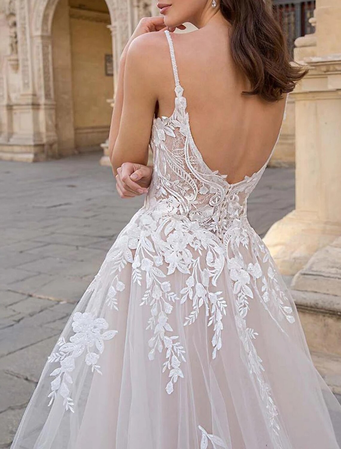 White A-Line V-Neck Lace Sleeveless Train Wedding Gown - Chloe Dress