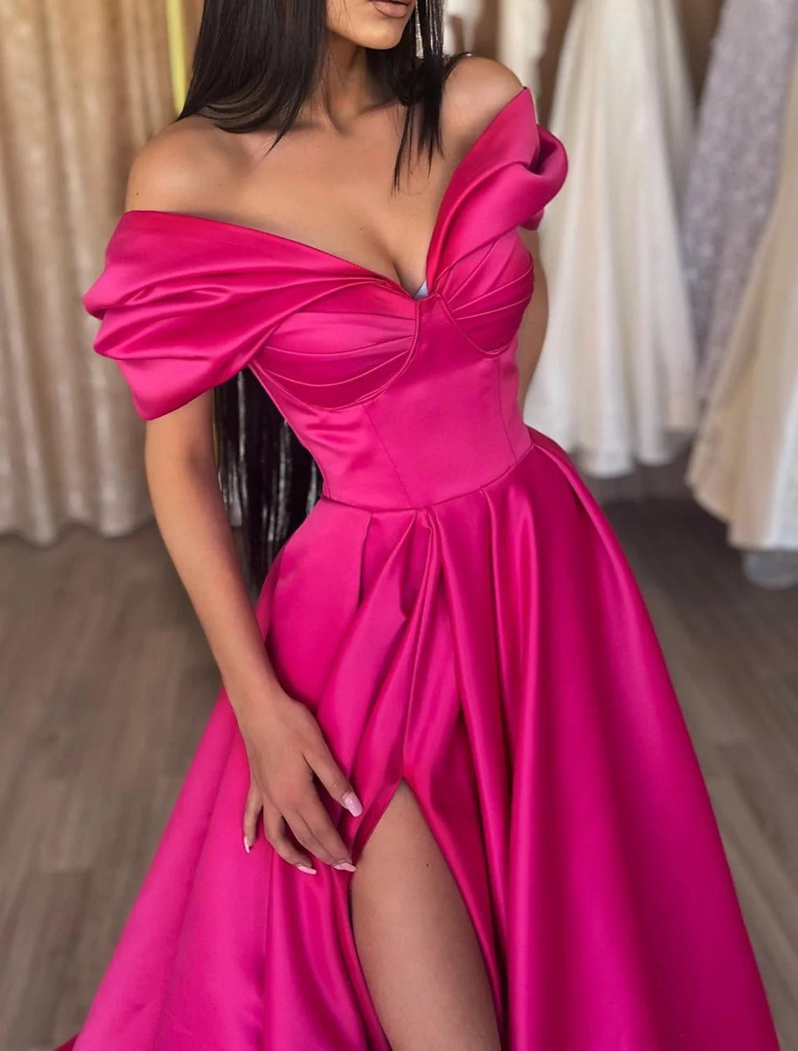 A-Line Off-Shoulder Satin Short Sleeve High Slit Floor-Length Evening Gown - Chloe Dress