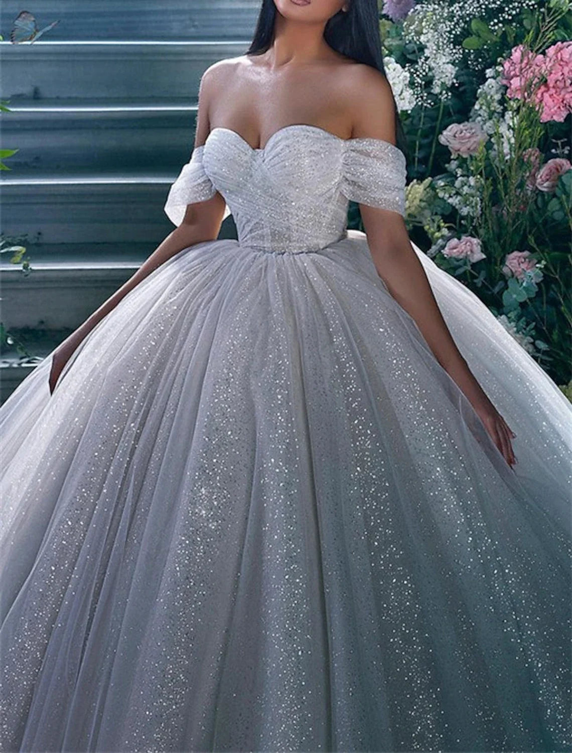 Ball Gown Off-Shoulder Sequin Cap Sleeve Train Wedding Gown - Chloe Dress